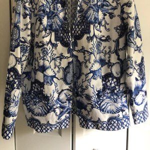 Chicos Blue & White "China Plate" Linen Jacket